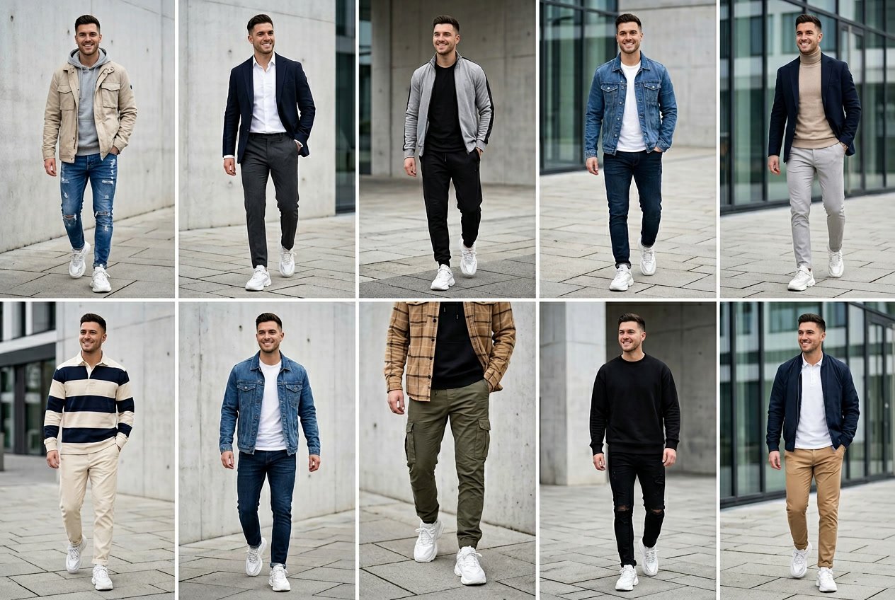 A young man modelling nine different outfits featuring chunky white sneakers in various urban locations.