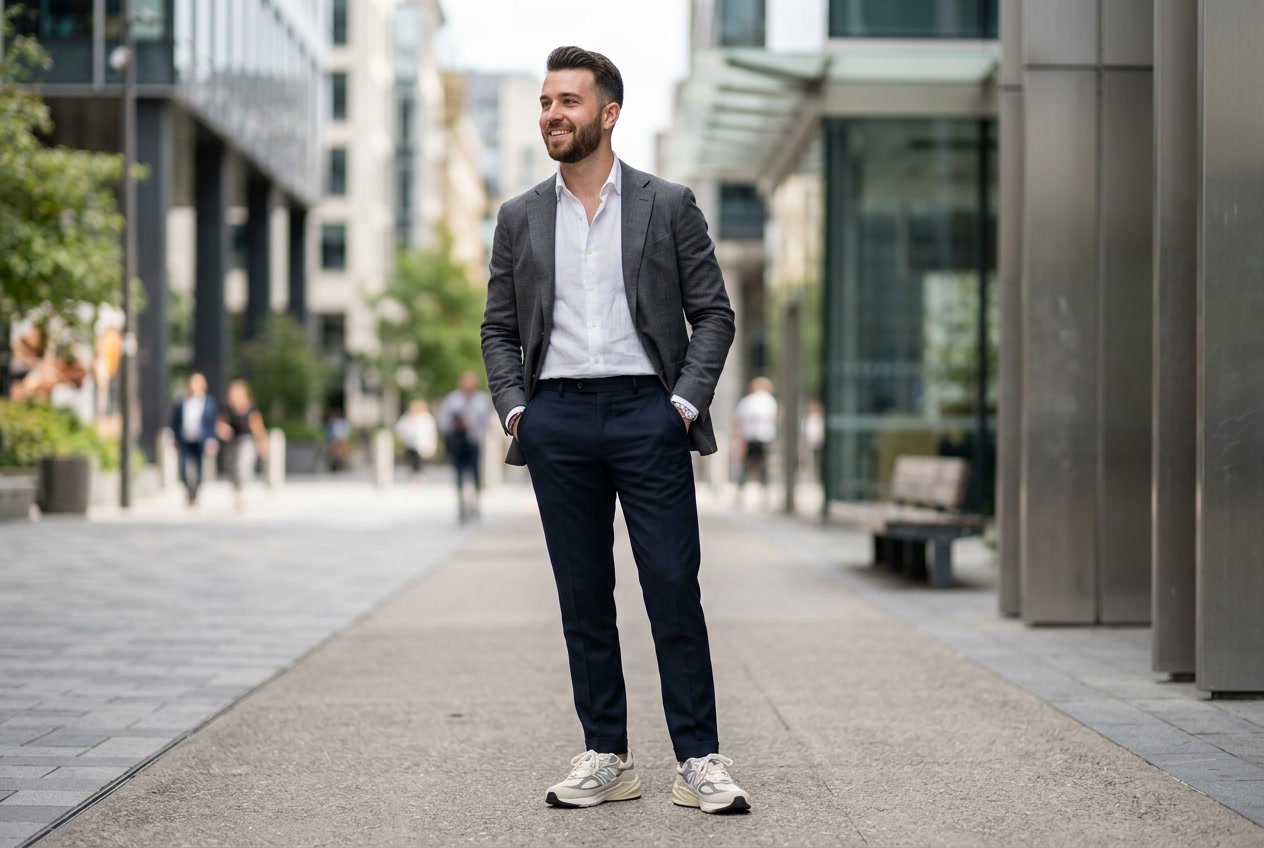 A man dressed in smart casual clothes stands outdoors in a city setting, wearing white chunky sneakers.