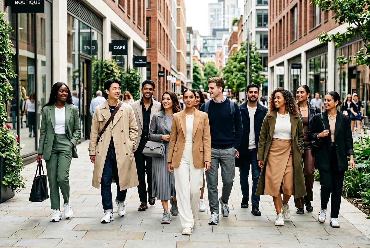 Nine people standing and walking on a city street, each wearing chunky sneakers paired with fashionable clothing.