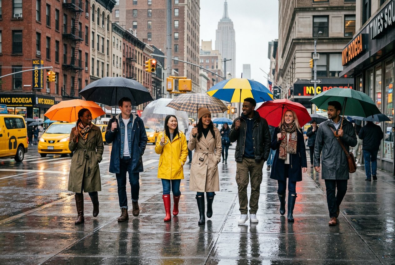 Seven people walking on a wet New York City street in rainy weather, dressed in various raincoats and carrying umbrellas.