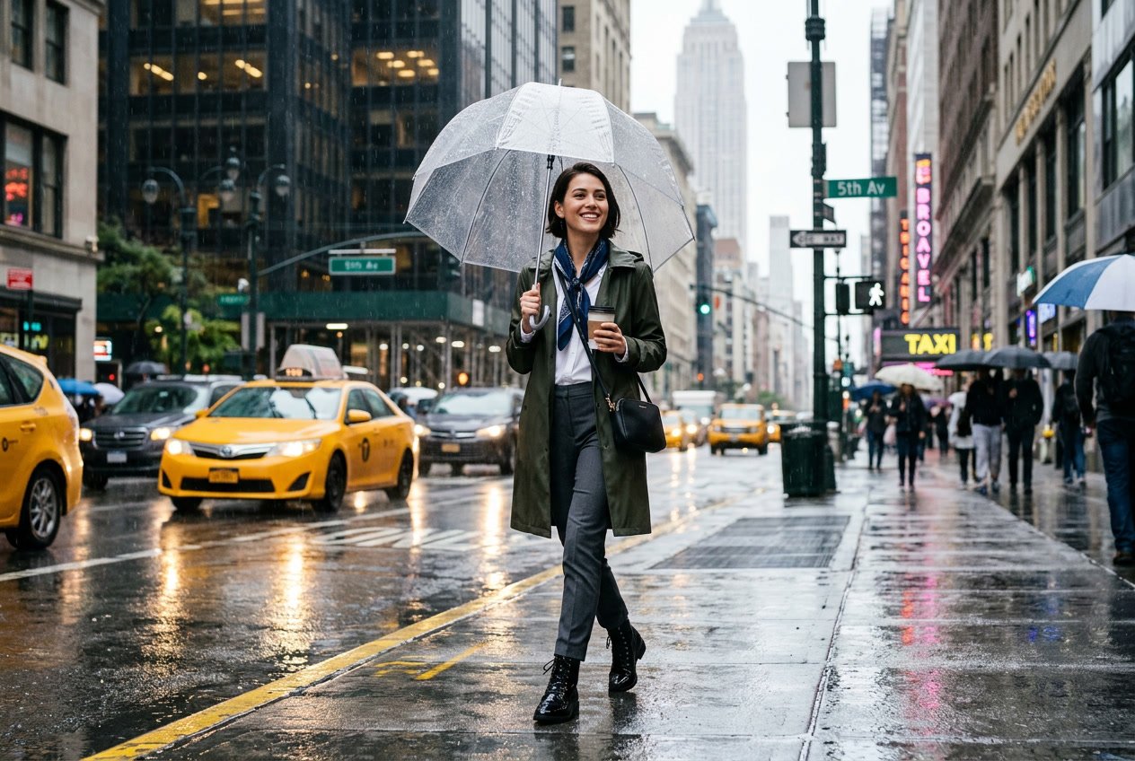A person walking on a wet New York City street holding a transparent umbrella, wearing a waterproof coat and boots, with taxis and tall buildings in the background.