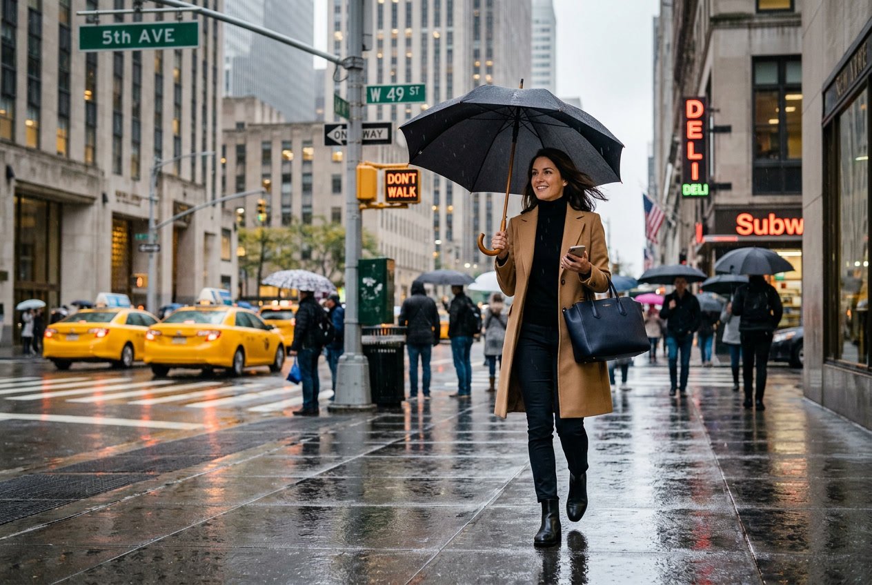 A woman walking on a rainy New York City street holding an umbrella with wet pavement and tall buildings around her.