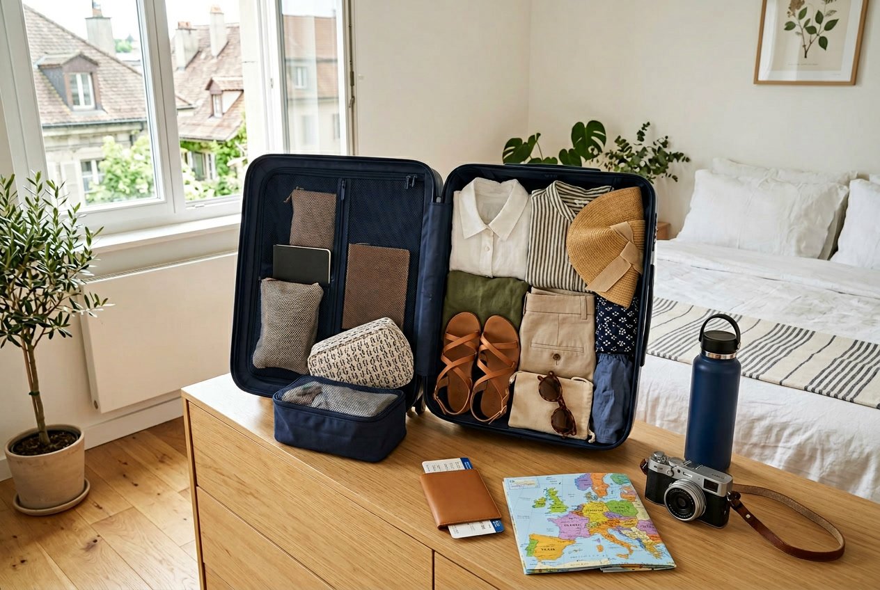 An open carry-on suitcase neatly packed with summer clothes and travel essentials on a bedroom floor with daylight coming through a window.