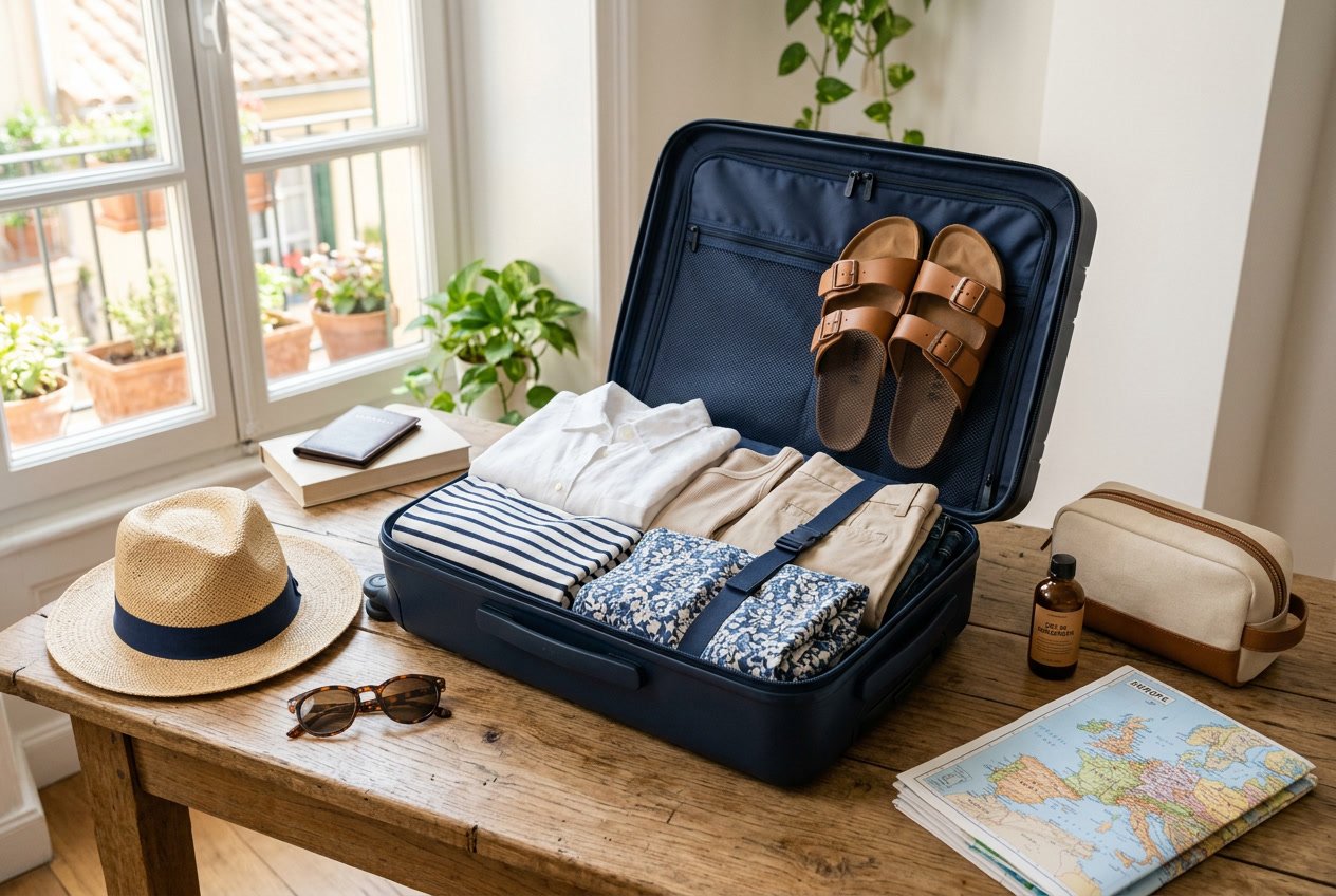 An open carry-on suitcase packed with summer clothes and travel essentials on a wooden surface by a window.