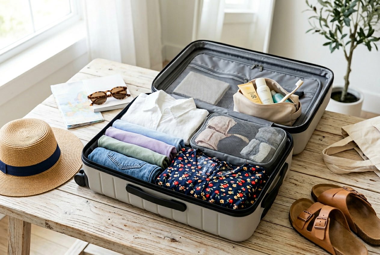 Open suitcase on a wooden surface packed with summer clothes and travel accessories for a European trip.