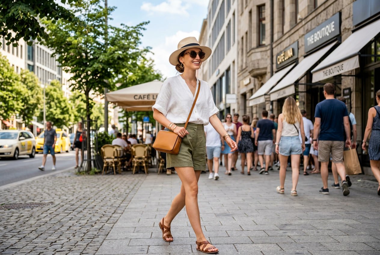 A young woman walking confidently on a sunny city street, wearing lightweight summer clothes and accessories suitable for hot weather.