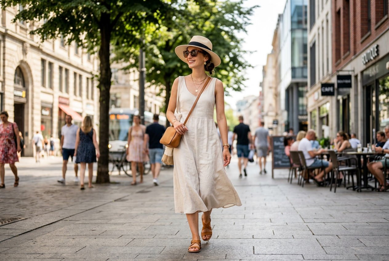 A young woman walking confidently on a sunny city street wearing a light summer outfit with a hat and sunglasses.