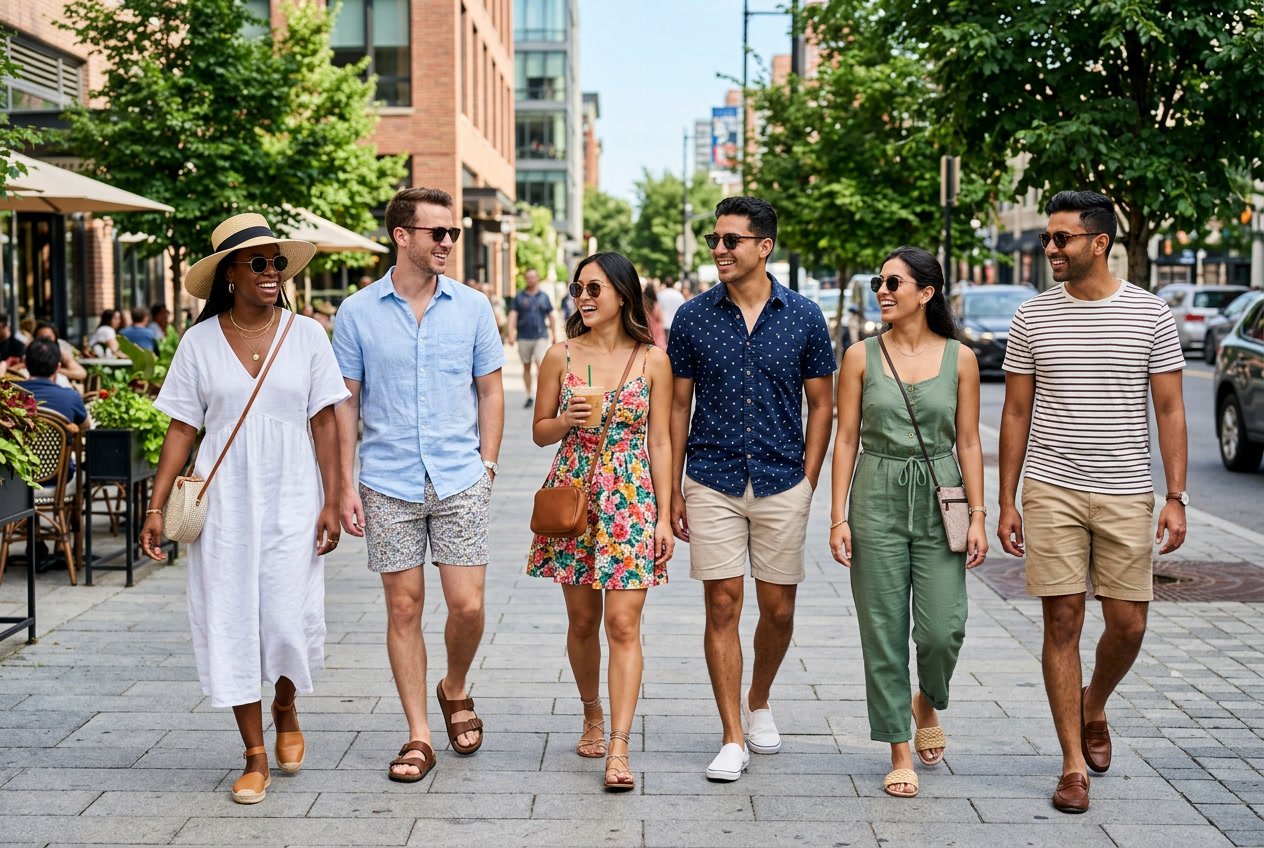A group of young adults wearing summer clothes and accessories standing on a sunny city street.