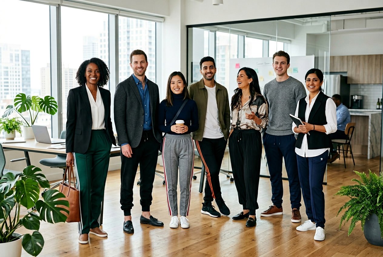 Seven people in an office wearing different outfits with track pants, standing and interacting in a bright modern workspace.