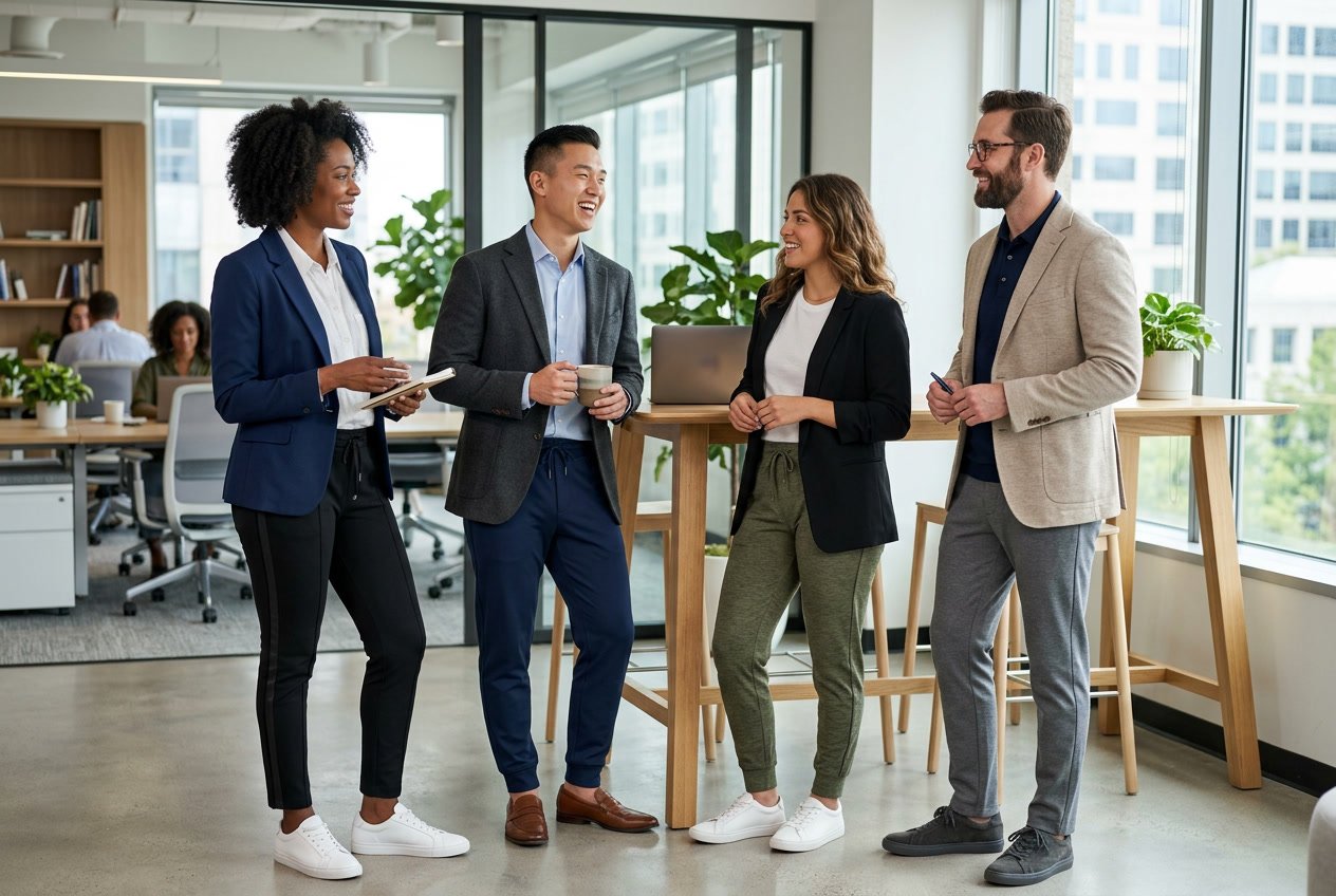 Four professionals standing and interacting in a modern office space, wearing smart track pants paired with blazers and shirts.
