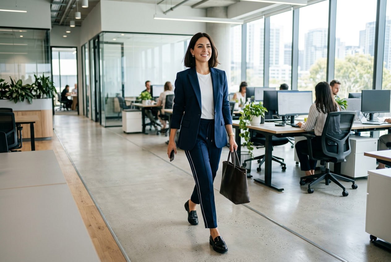 A person walking confidently through a bright office wearing track pants with a blazer and shoes, surrounded by desks and computers.