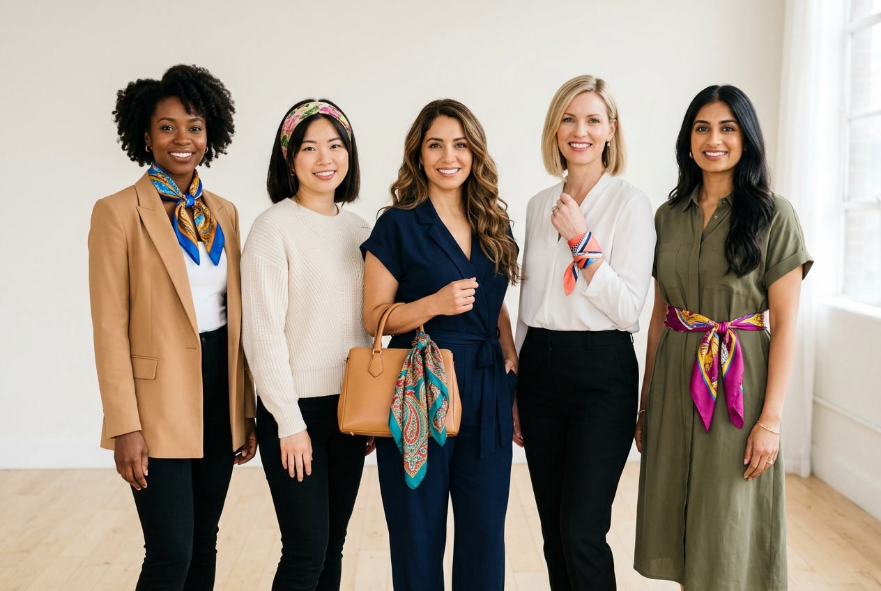 Five women demonstrating different ways to wear silk scarves in a bright studio setting.