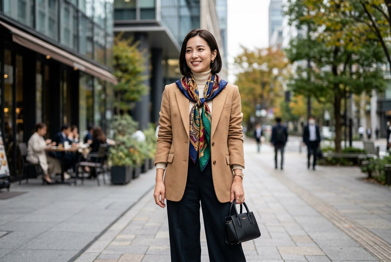 A woman wearing a colourful silk scarf tied around her neck, standing outdoors in a city environment.