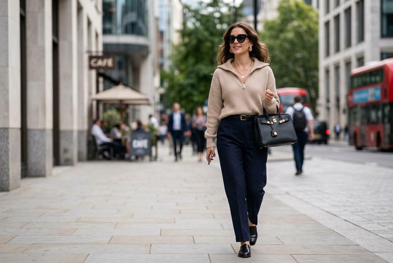 A young woman standing on a city street wearing a half-zip pullover with accessories and tailored trousers.