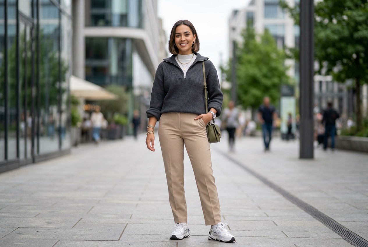 A person wearing a half-zip pullover styled with accessories and layered clothing, standing outdoors in an urban setting.