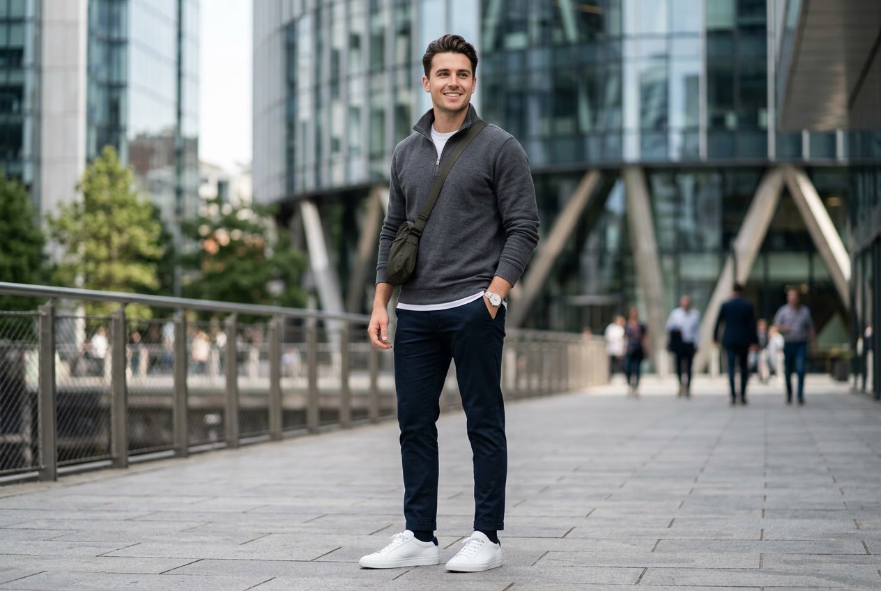 A person standing outdoors wearing a half-zip pullover paired with stylish shoes, in a modern urban environment.