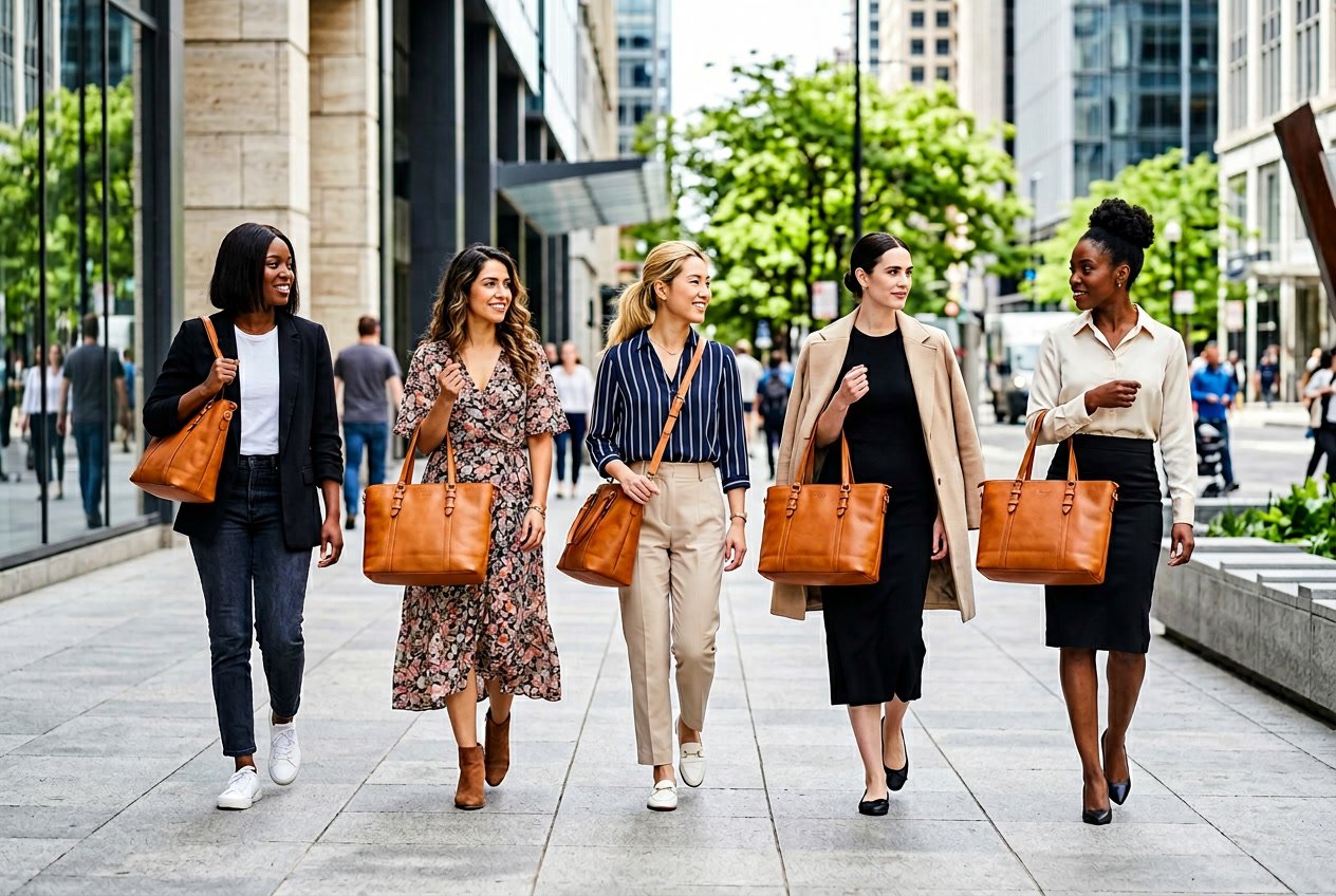 Five women outdoors in a city setting, each carrying a large tote bag styled differently with various outfits.