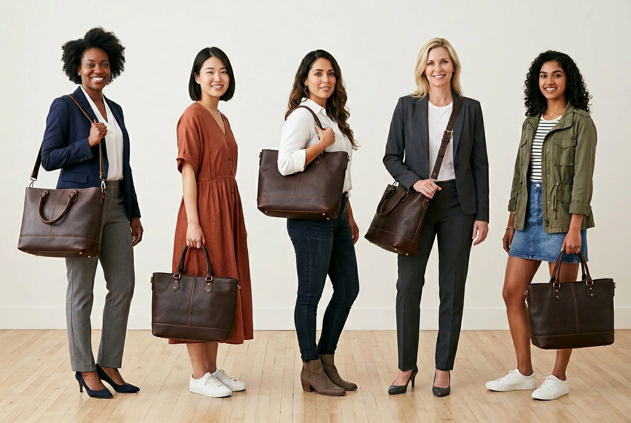 Five people each holding the same large tote bag in different ways, dressed in various outfits, standing against a plain background.