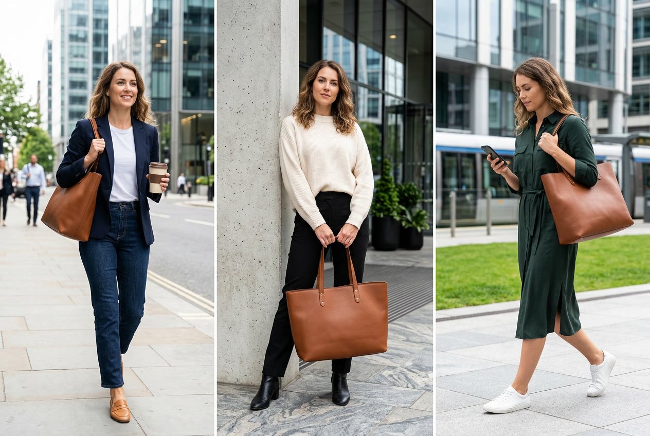 A woman carrying a large tote bag in different outfits in a city setting, showing how to style the bag for work and casual occasions.