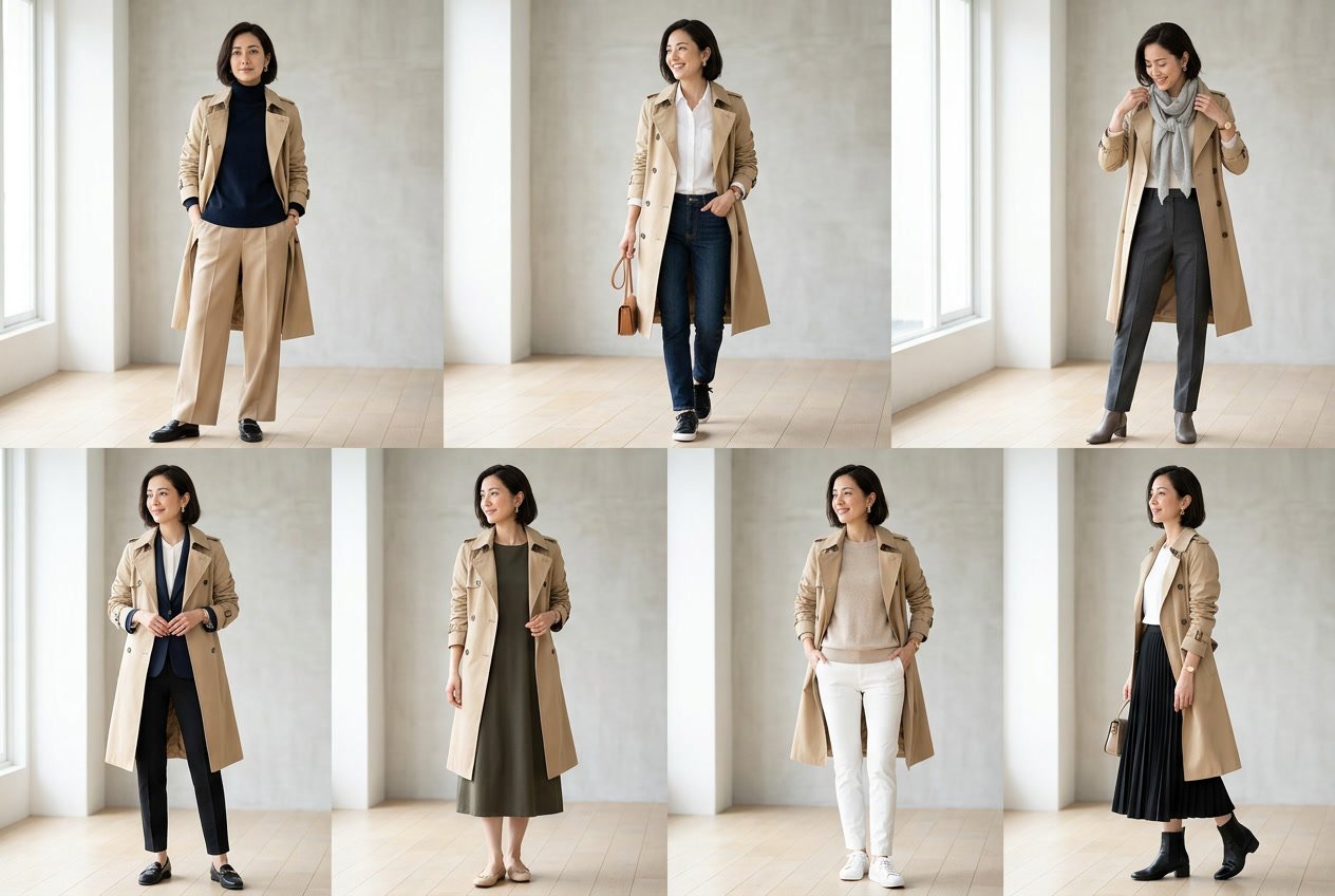 A woman modelling seven different ways to wear a beige trench coat with various simple outfits against a plain background.