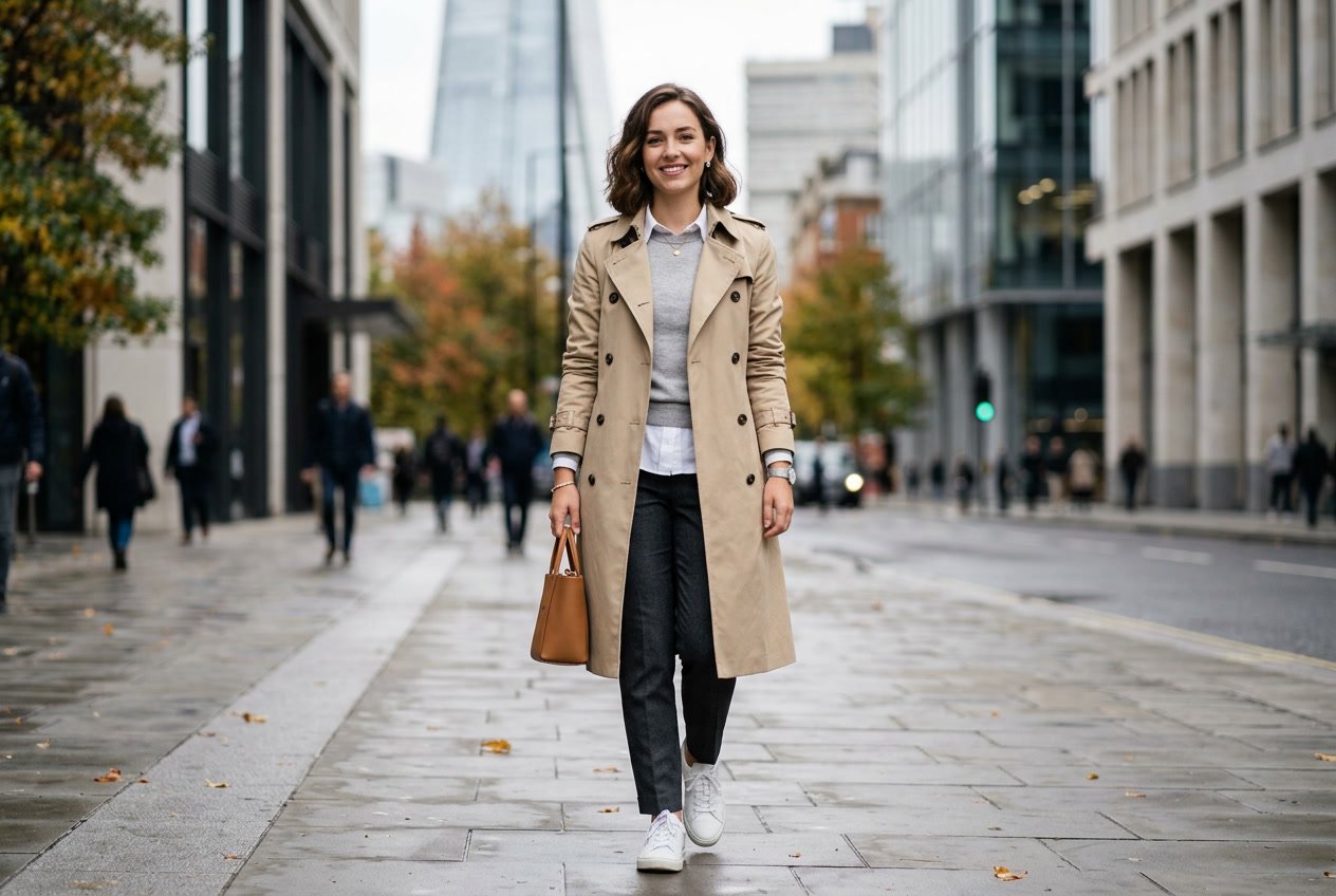 A person wearing a beige trench coat layered over light neutral clothing standing outdoors in a city environment.