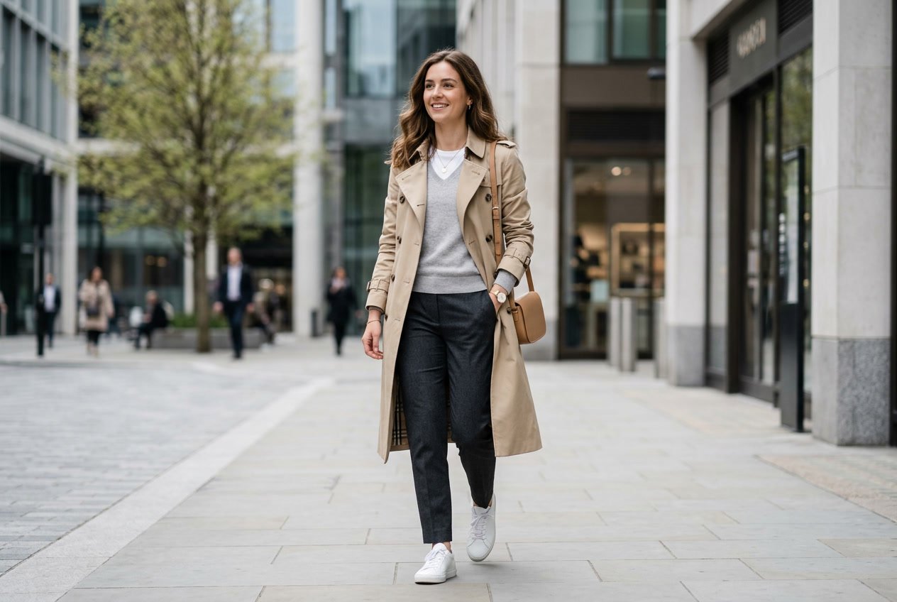 Person wearing a beige trench coat layered over simple neutral clothing, standing outdoors in an urban setting.